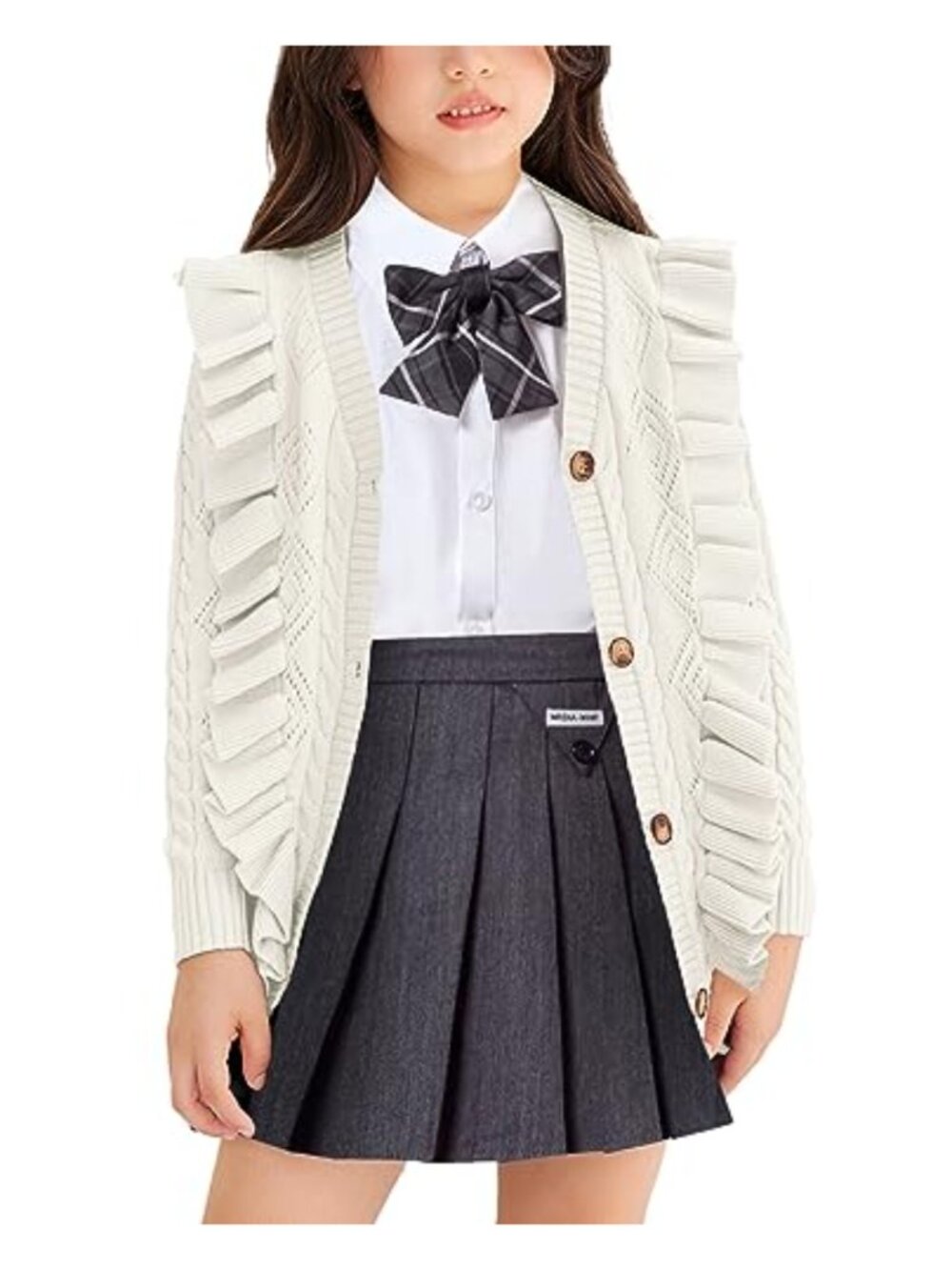 Girls Ruffle Knit Cardigan Long Sleeve Button V Neck Sweater School Uniform
